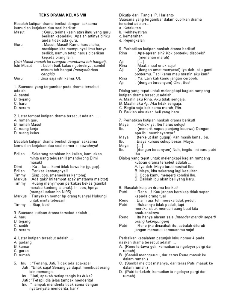 Soal Teks Drama Kelas Viii