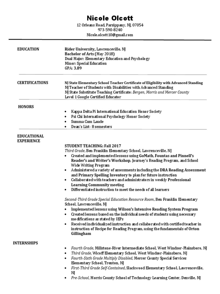 Nicole Olcott Nj State Elementary School Teacher Certificate Of Eligibility With Advanced Standing English As A Second Or Foreign Language Teachers