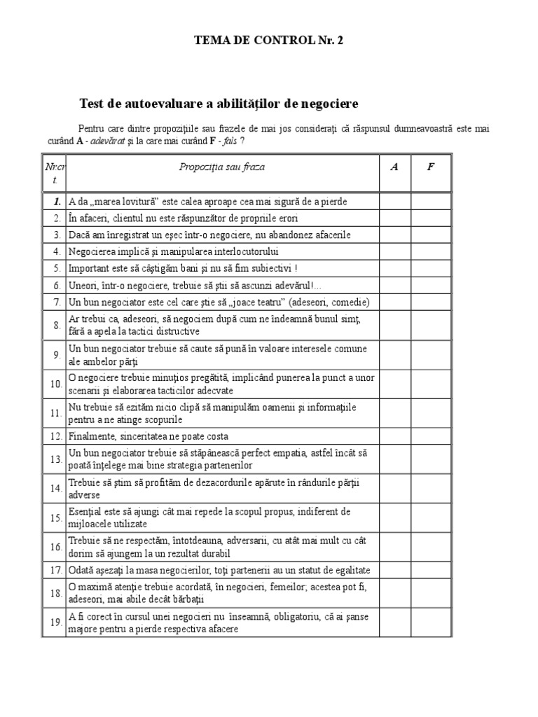 Test de Autoevaluare A Abilităţilor de Negociere: Tema de Control Nr. 2 ...