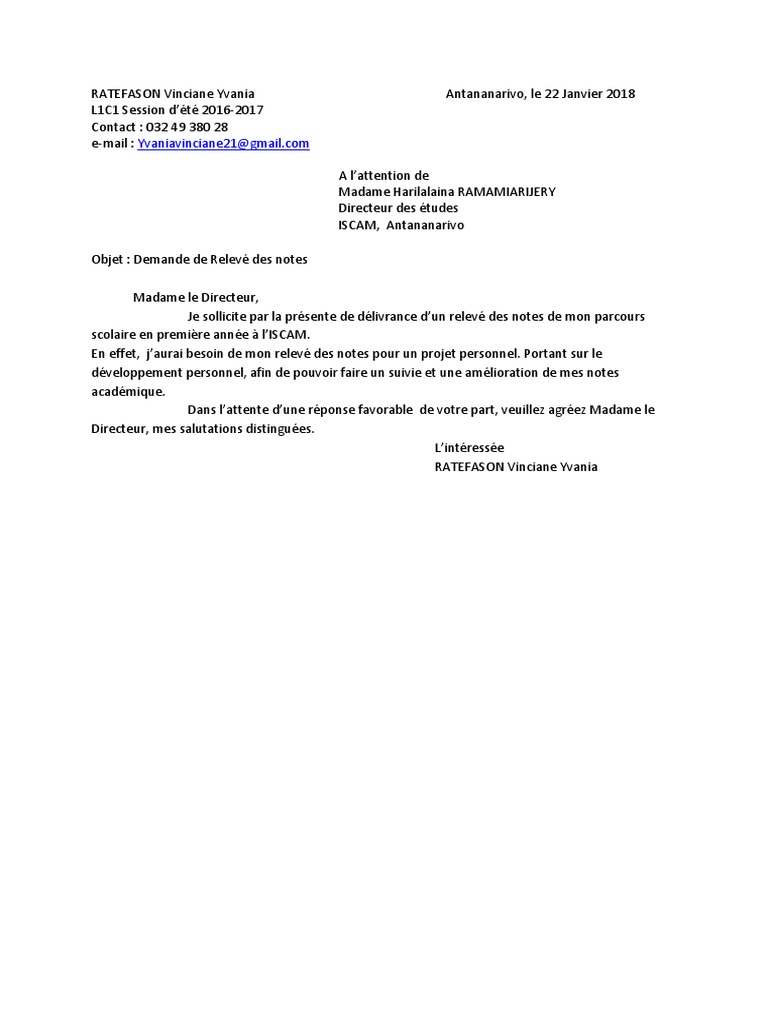 Demande de Relevé de Notes Académiques | PDF