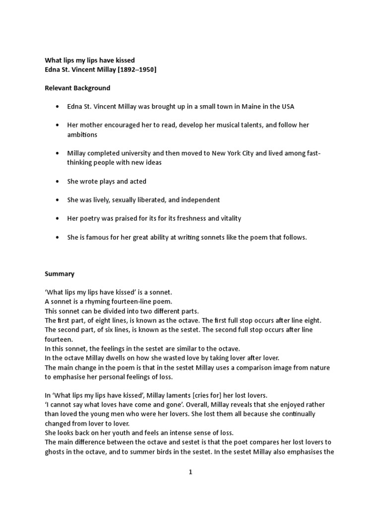 NOTES What Lips My Lips Have KissedNotes PDF Poetry