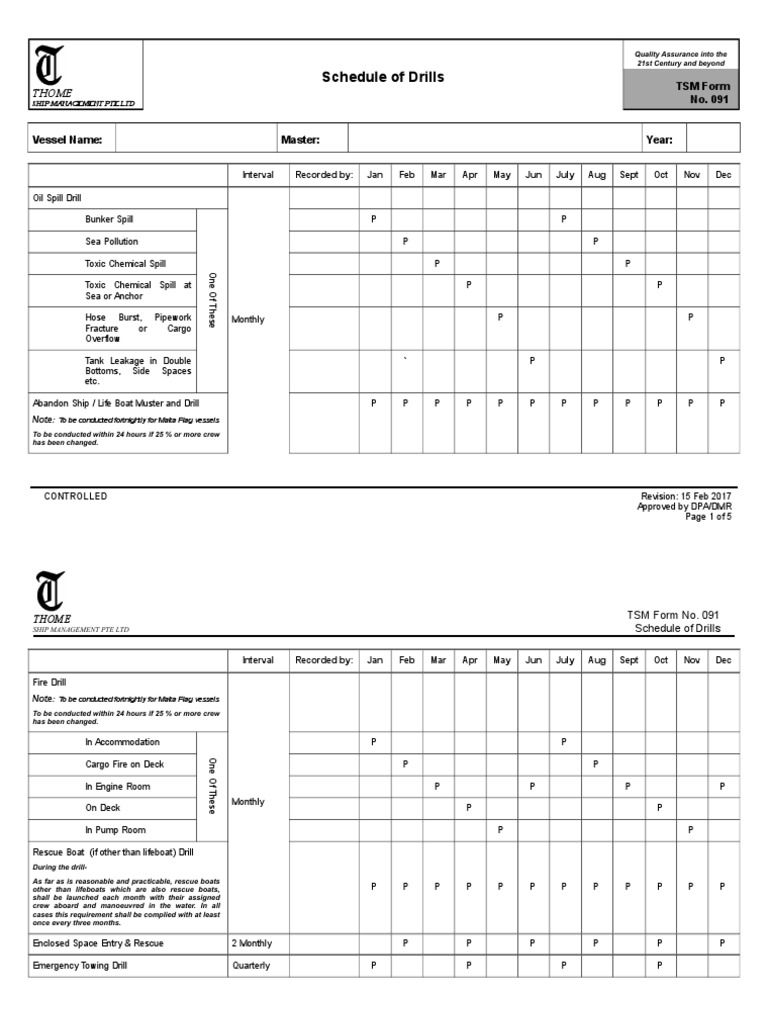 TSM Form 091 - Schedule of Drills | PDF | Ships | Boats