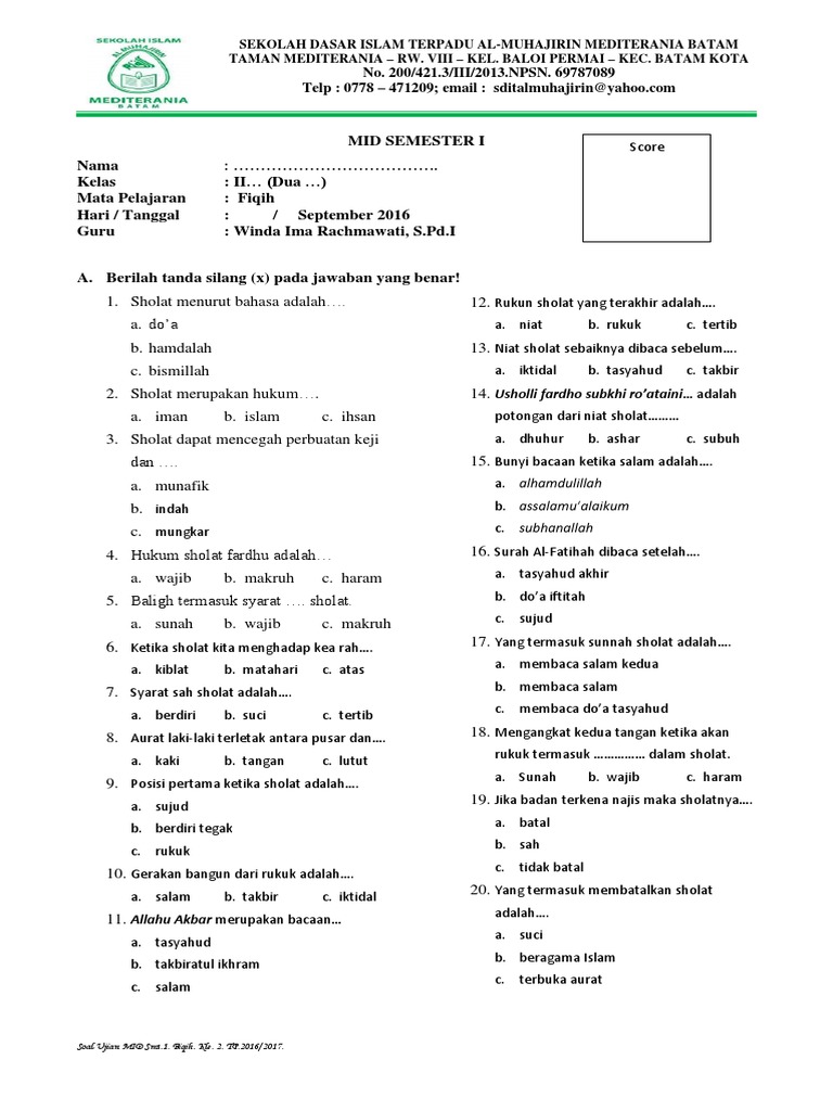 Soal Mid Fiqih Kls 2 Smt 1