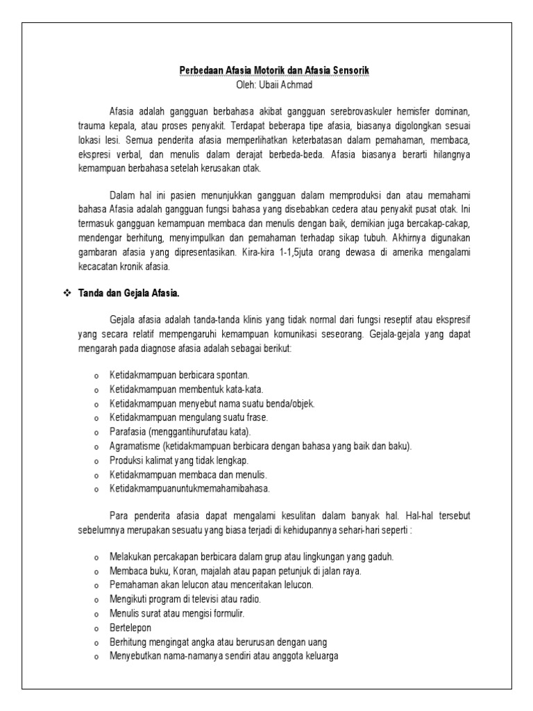 Perbedaan Afasia Motorik Dan Afasia Sensorik PDF PDF