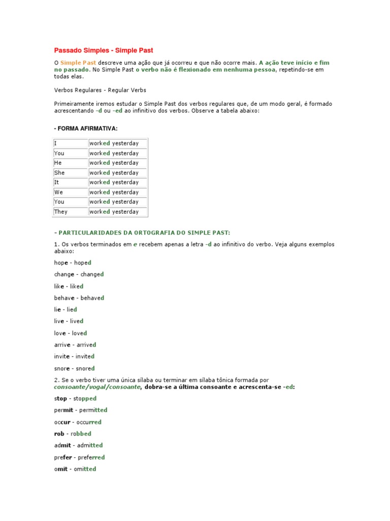 Passado Simples - Simple Past | PDF | Subject (Grammar) | Philology
