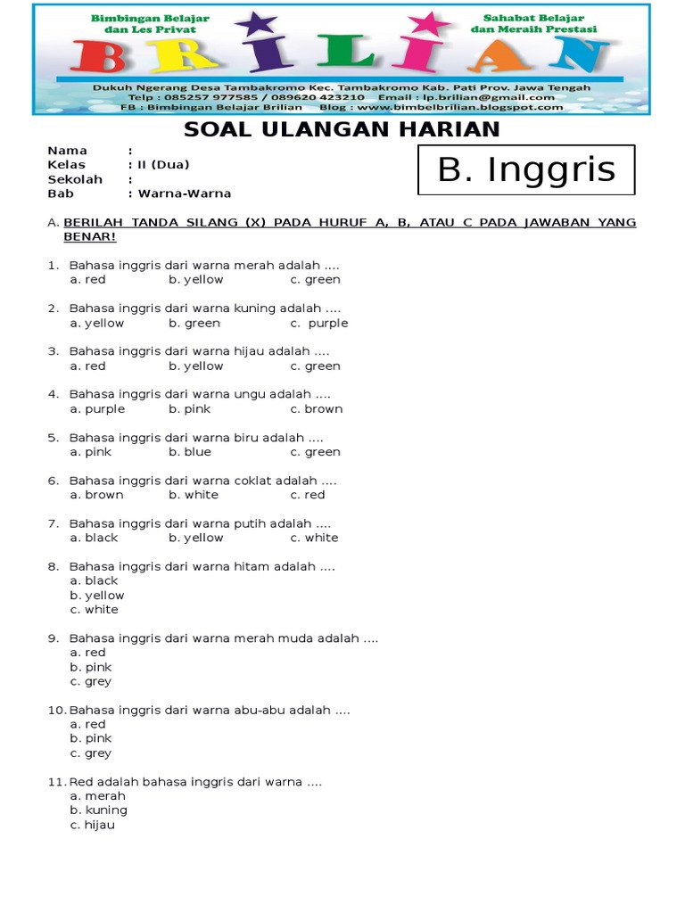 Soal Bahasa Inggris Kelas 2 SD Bab WarnaWarna Dan Kunci Jawaban PDF