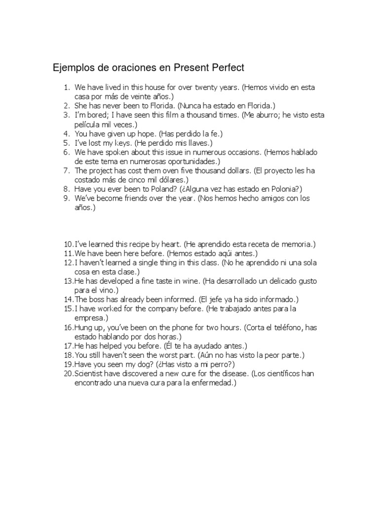 Ejemplos de Oraciones en Present Perfect | PDF | Naturaleza