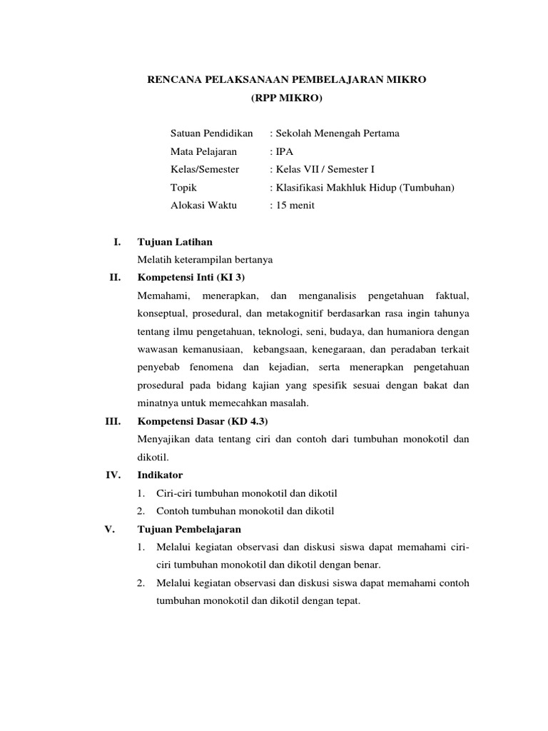 Rencana Pelaksanaan Pembelajaran Mikro Pdf