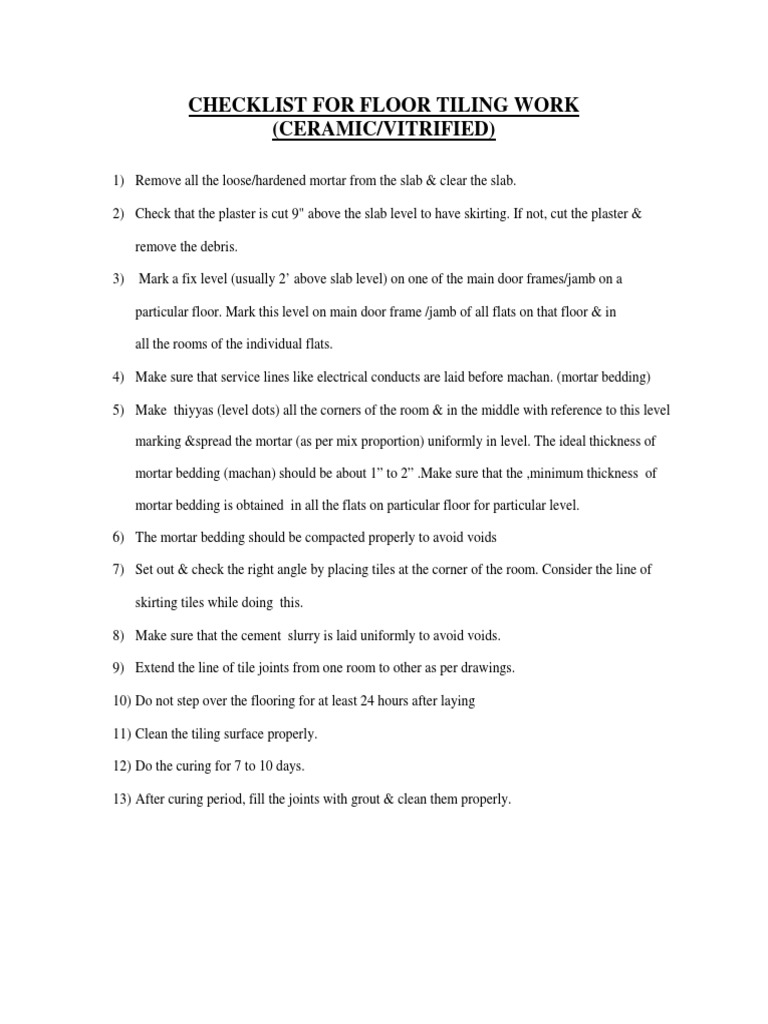 Floor Tiling Work Checklist | PDF | Home & Garden