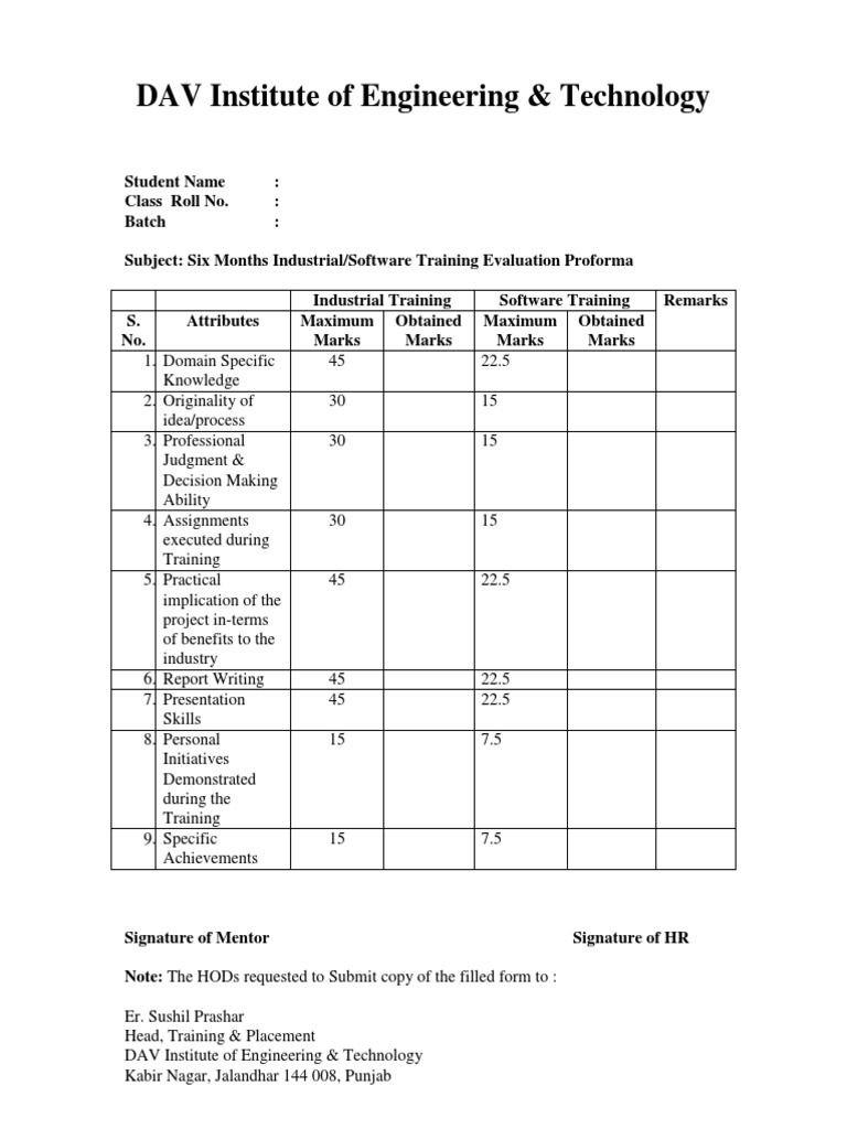 Industrial Training Evaluation Form | PDF | Technology & Engineering