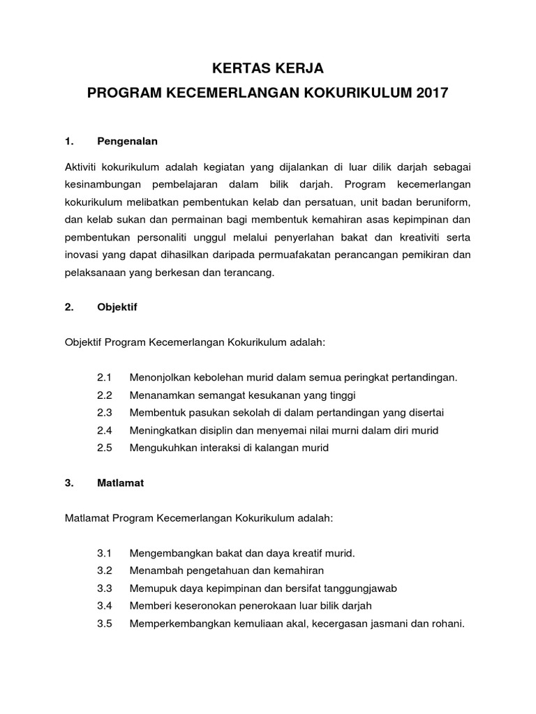 Kertas kerja program kecemerlangan kokurikulum