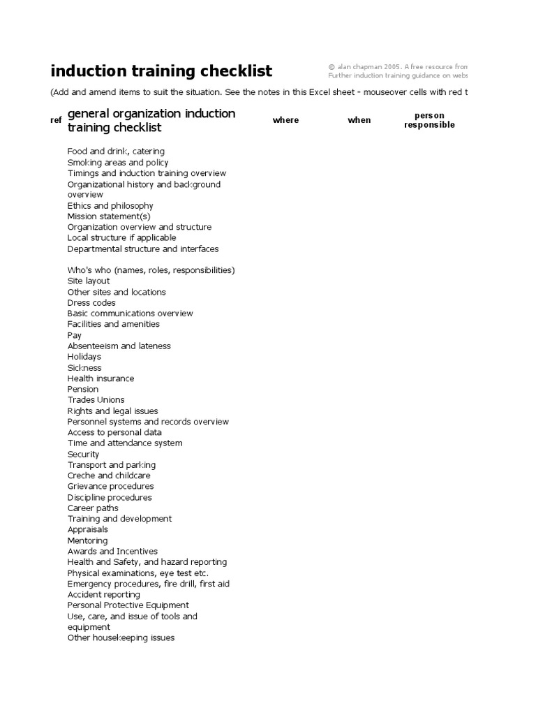 Induction Training Checklist | PDF | Occupational Safety And Health ...