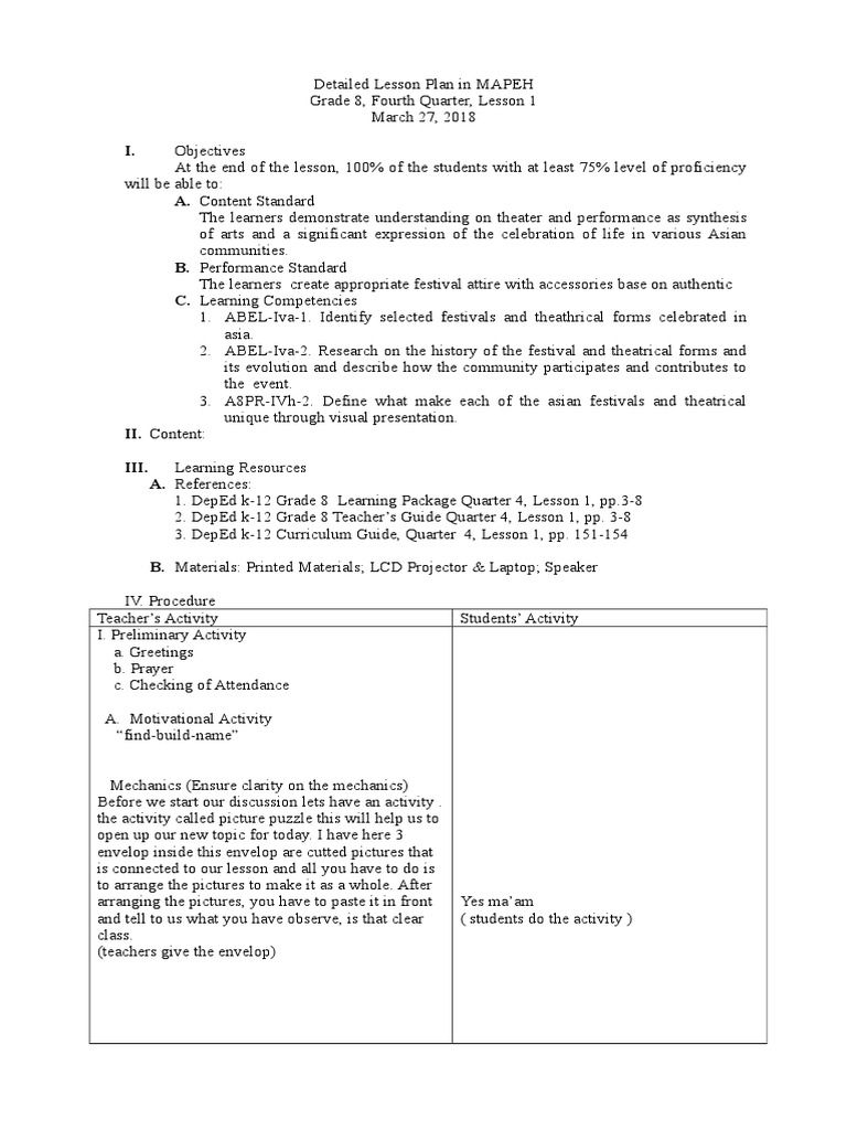 example of presentation in detailed lesson plan