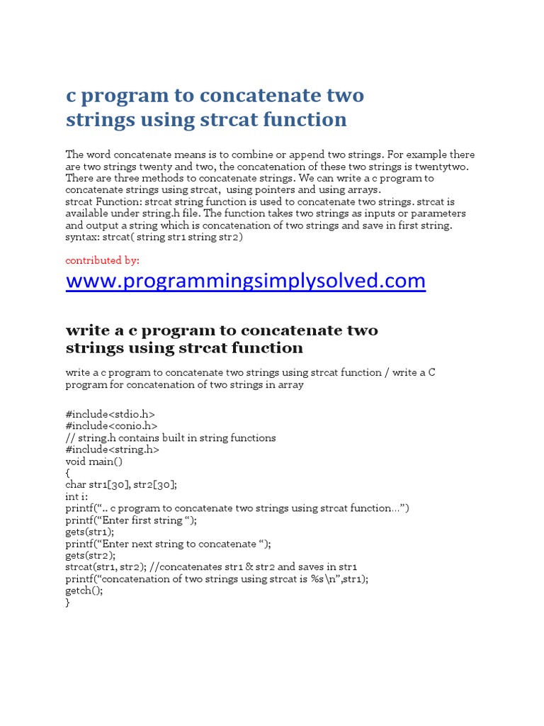 C Program To Concatenate Two Strings Using Strcat Function | PDF | C ...
