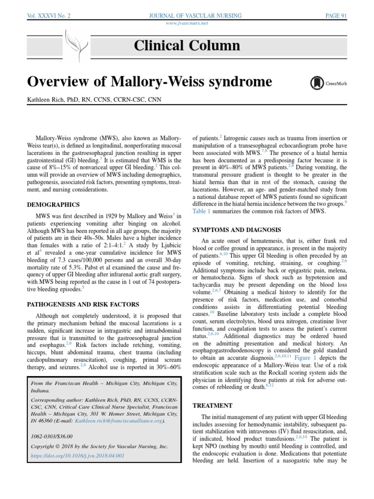 Overview of Mallory Weiss Syndrome PDF Nausea Medical Specialties