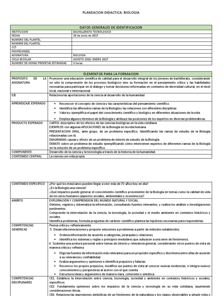 Planeacion Didactica Biologia Final Ciencia Ciencias