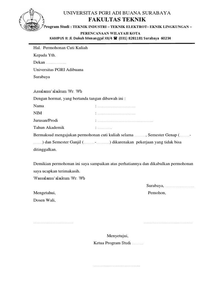 Contoh Surat Cuti Kuliah