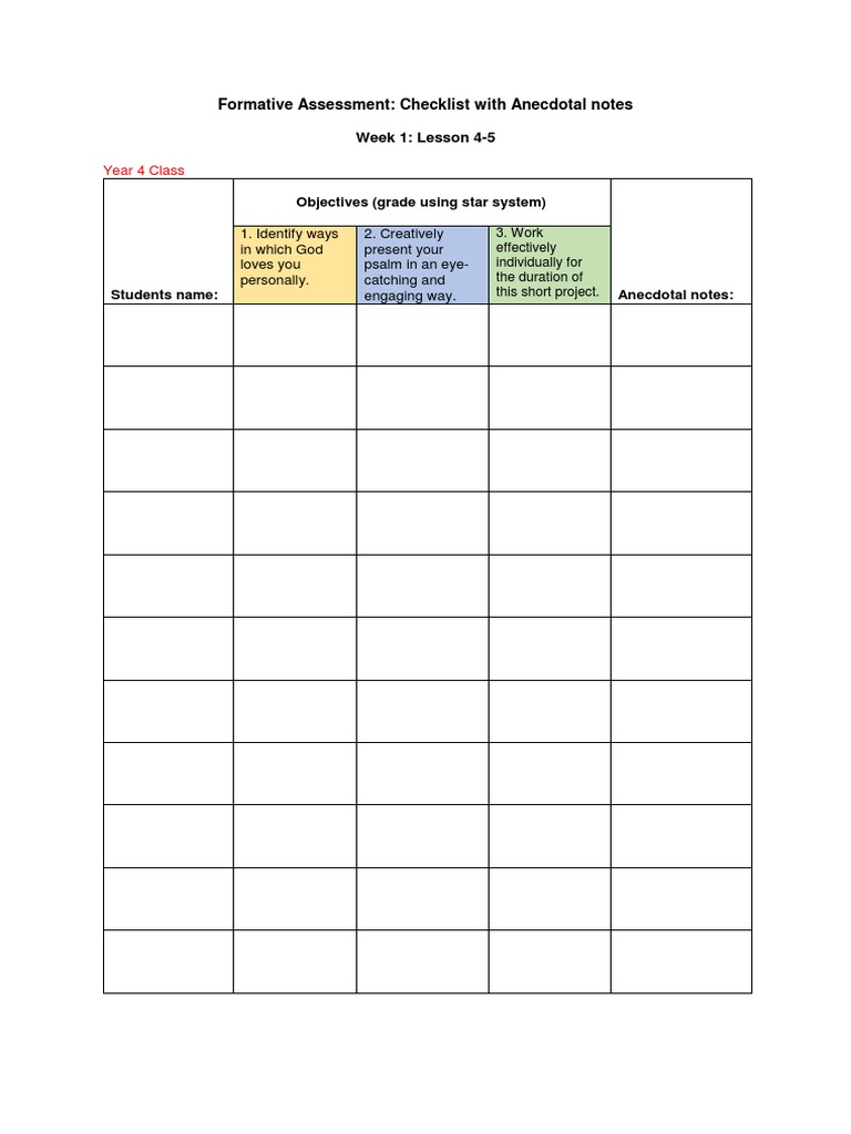 Year 4 Formative Assessment Checklist | PDF | Career & Growth ...