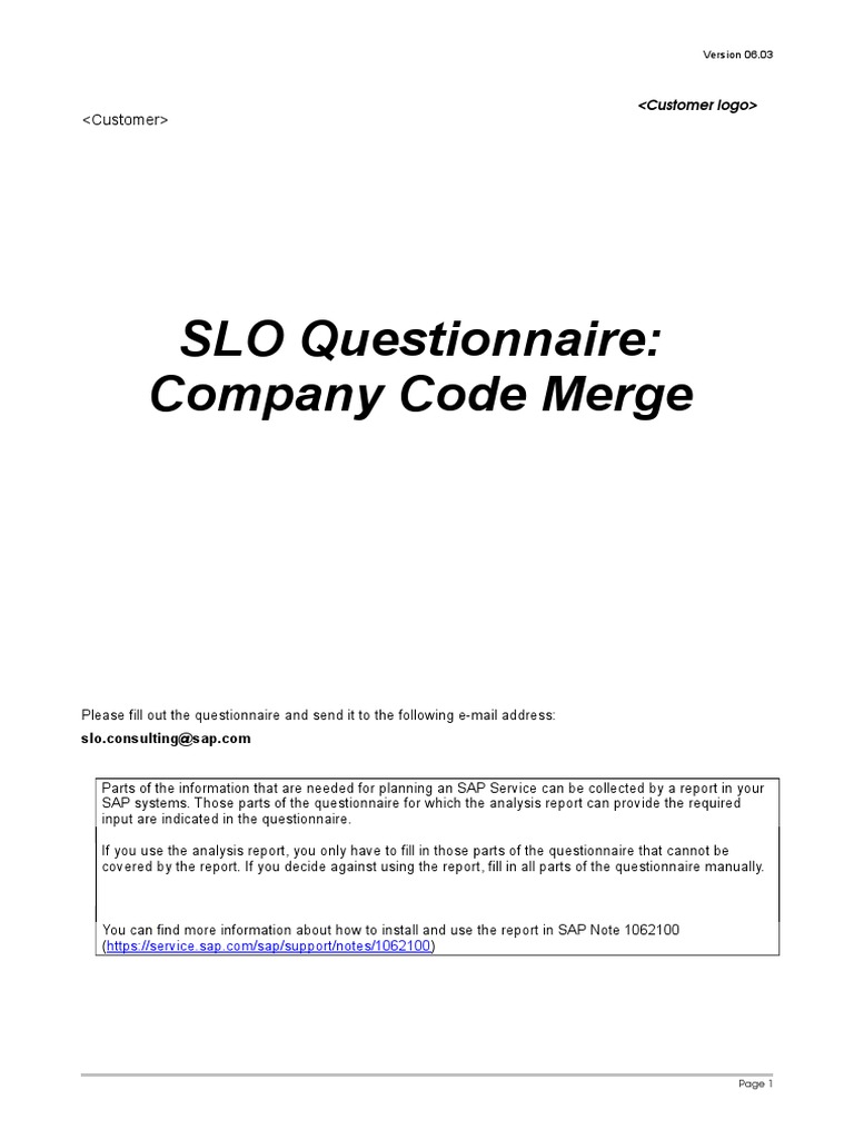 SAP Company Code Merge Questionnaire PDF Mergers And Acquisitions 