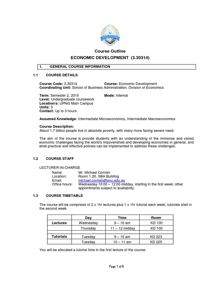 UPNG Economic Development Course Outline | PDF | Cognition | Economies