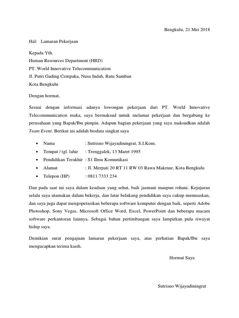 Contoh Surat Lamaran Kerja Promotor Oppo