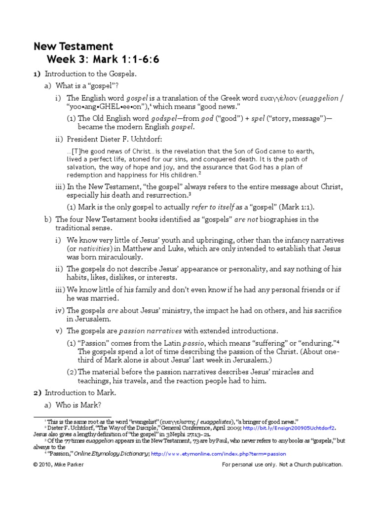 LDS New Testament Notes 03: Mark 1:1-6:6 | PDF | Gospel Of Mark | Gospels
