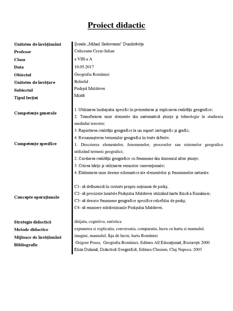Proiect de Lectie Podisul Moldovei | PDF