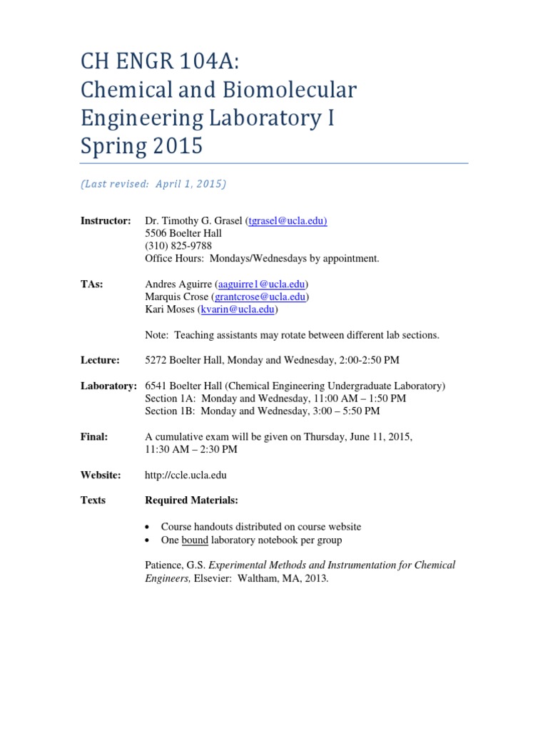 Introduction to Chemical and Biomolecular Engineering Laboratory I
