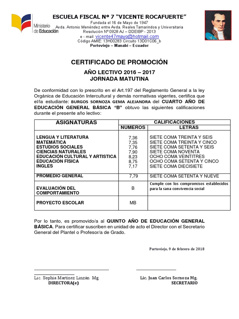 Certificado de Promoción Escolar 2017 | PDF | Cambio | Modificación de ...