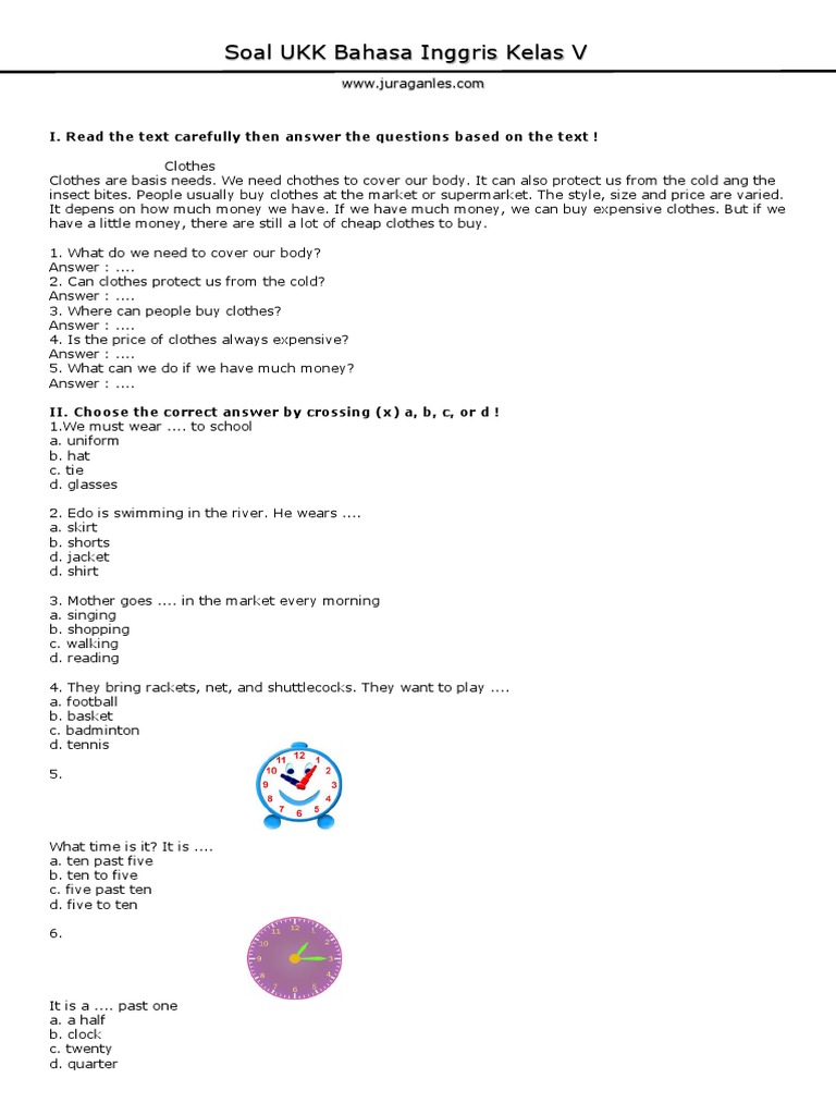 Soal Ukk Bahasa Inggris Kelas 5 Pakaian Mode Kecantikan