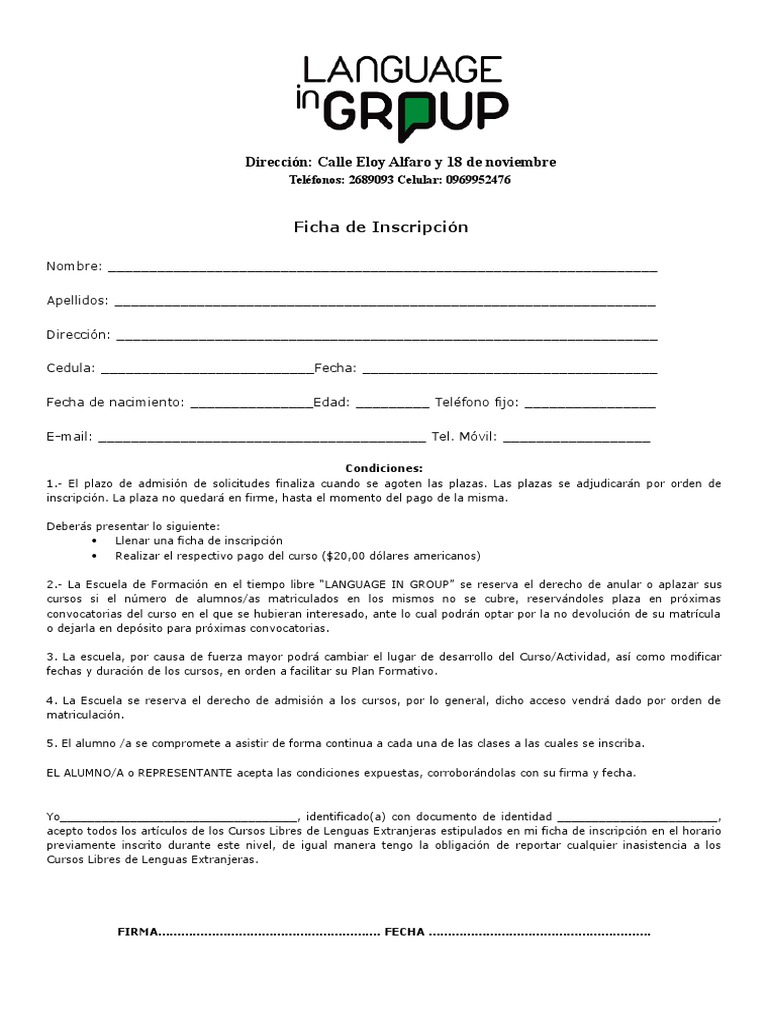 Ficha de Inscripcion Curso de Ingles