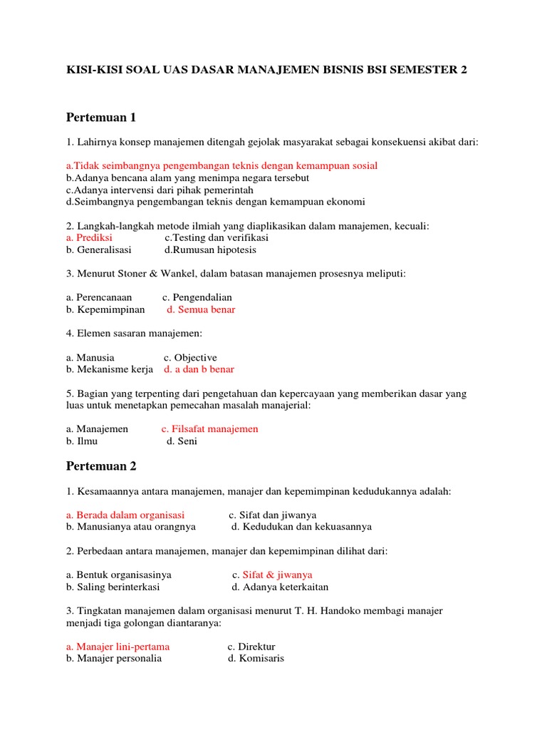 Kisikisi Soal Uas Dasar Manajemen Bisnis Bsi Semester 2