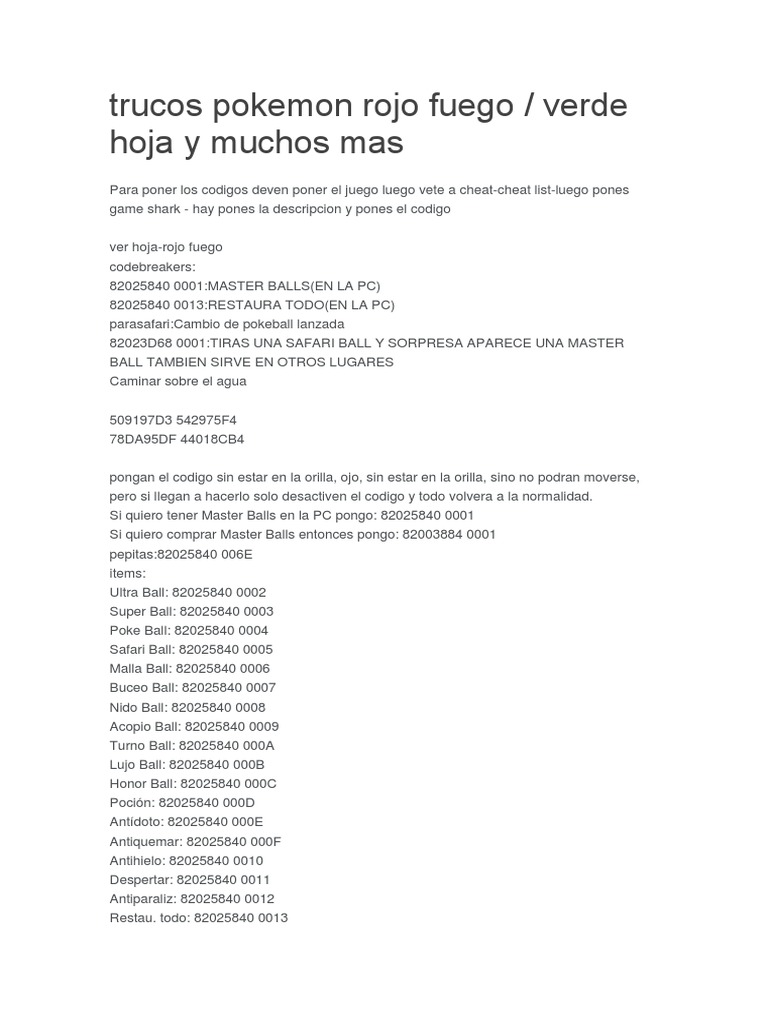 Trucos Pokemon Rojo Fuego Pdf Franquicias De Nintendo Pokemon
