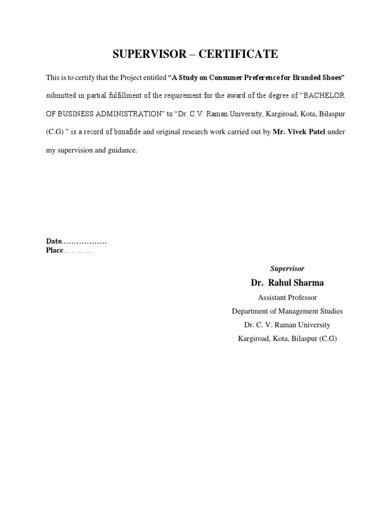 Supervisor - Certificate: Date Place . | PDF