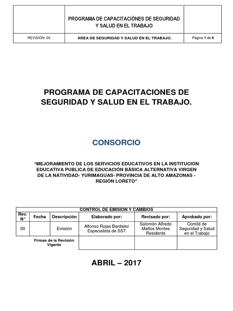 Programa de Capacitaciones de Seguridad y Salud en El Trabajo | PDF ...