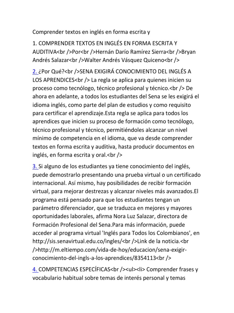 Comprender Textos en Inglés en Forma Escrita y Prueba (evaluación