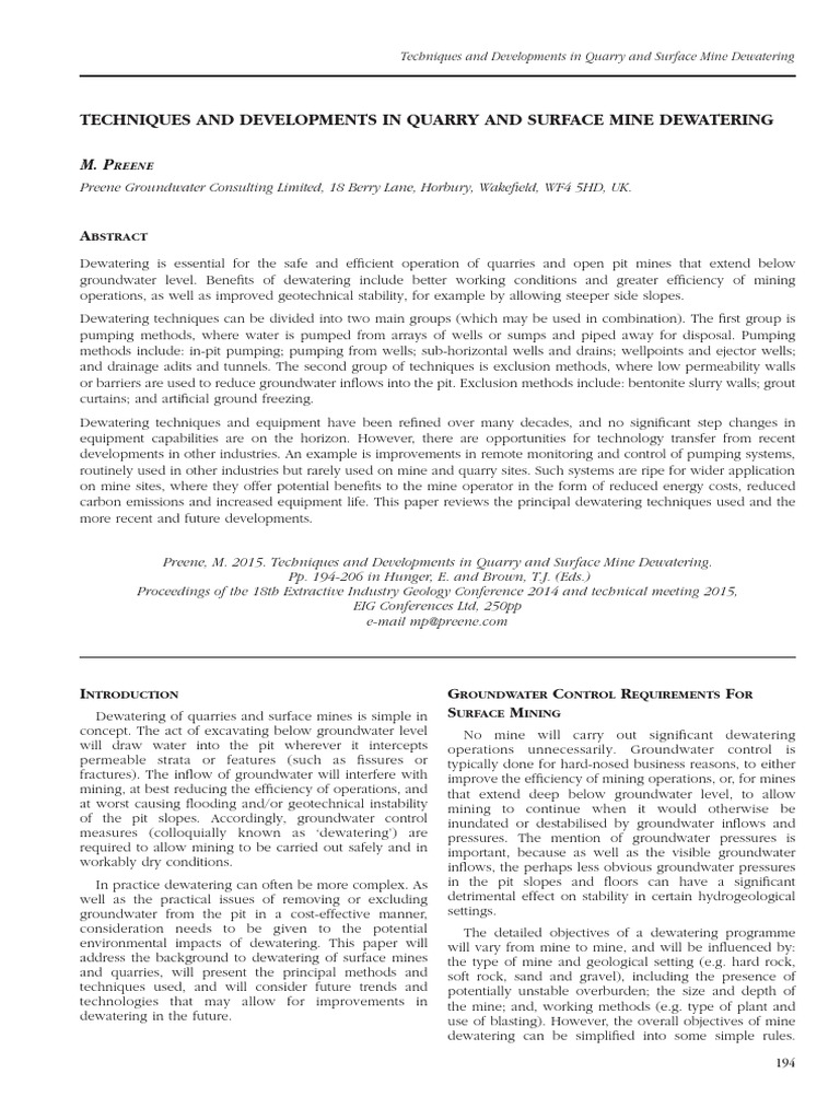 Quarry and Mine Dewatering Techniques | PDF | Groundwater | Coal Mining