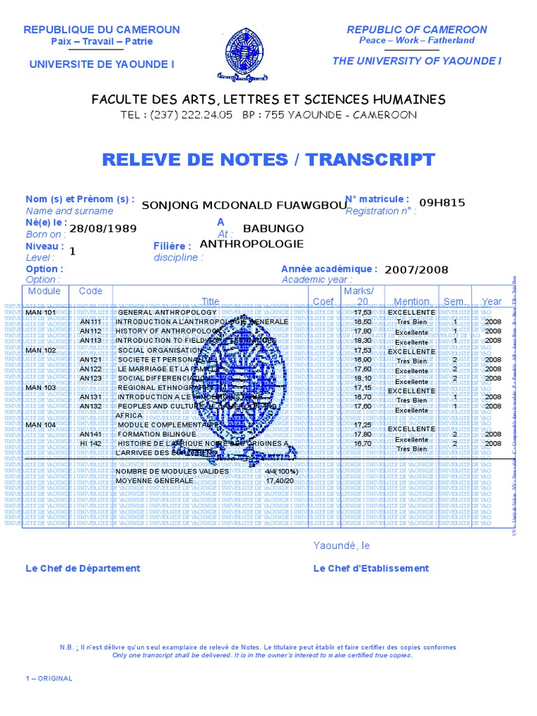 Relevé de notes Université Yaoundé I | PDF