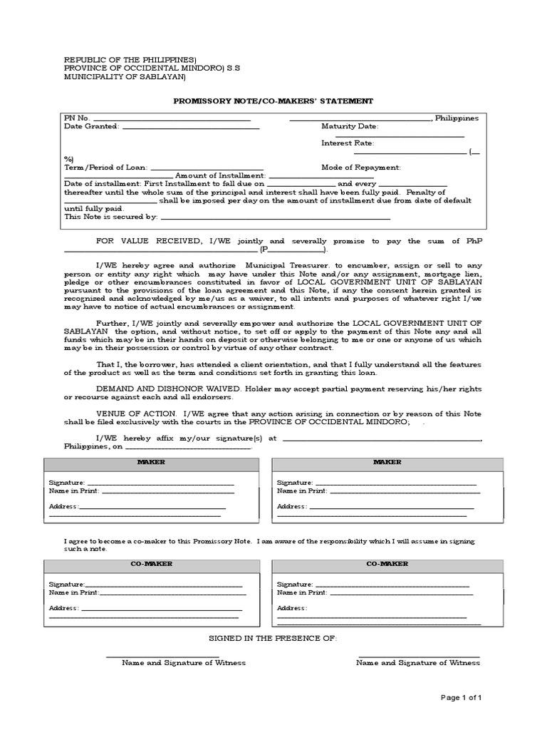 CoMakers Statement Lgu Sablayan Promissory Note Loans