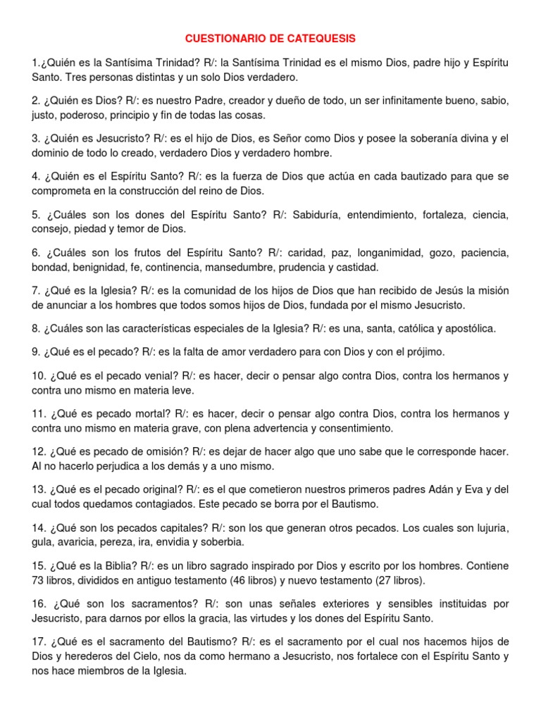 Cuestionario de Catequesis para Niños | PDF | Sacramentos | Dios en el ...