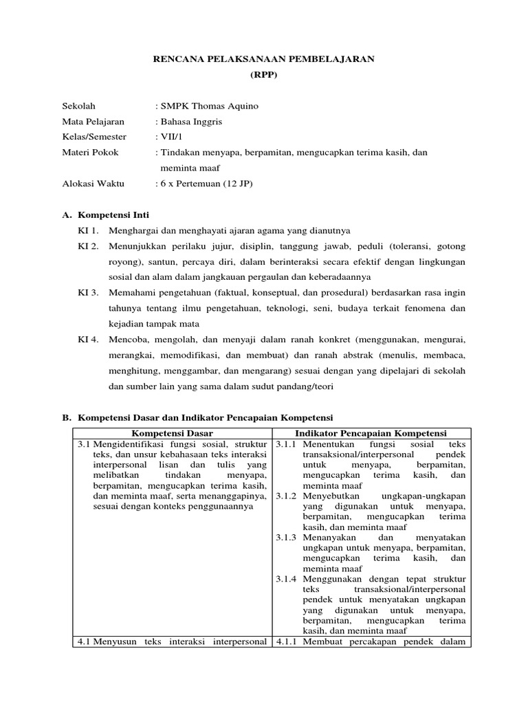 Rpp Bahasa Inggris K 13 Kelas Vii Kd 3.1