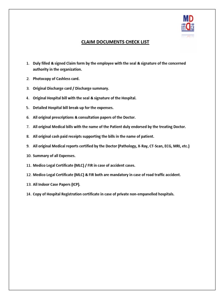 Claim Document Submission Checklist | PDF