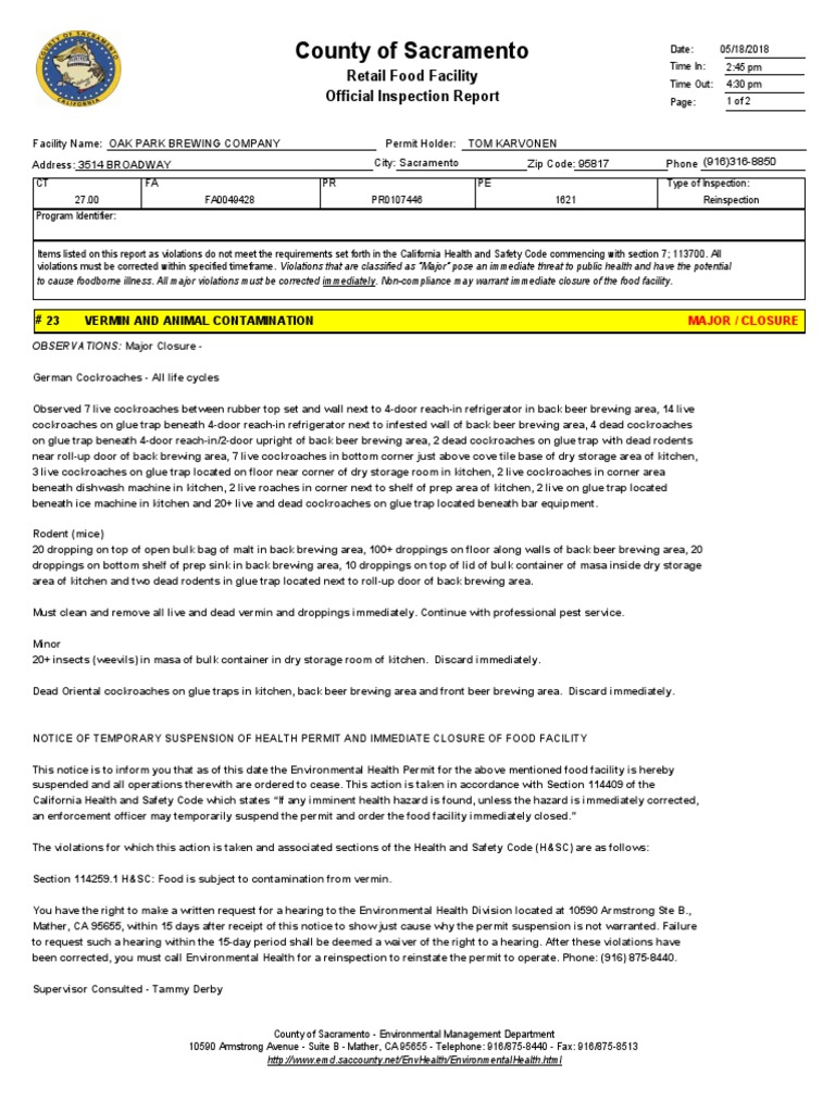 Major Health Violations at Oak Park Brewing | PDF | Chlorine | Foods
