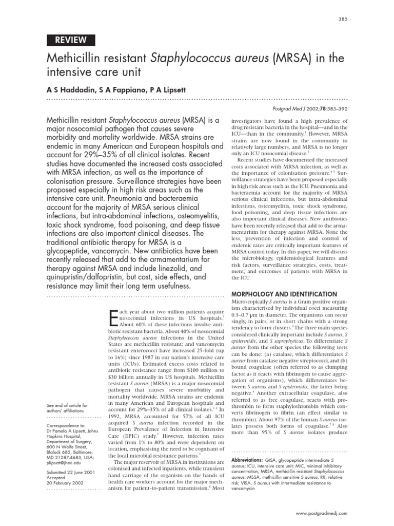 Methicillin Resistant Staphylococcus Aureus (MRSA) in The Intensive ...