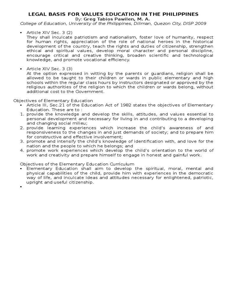 Legal Basis For Values Education in The Philippines | PDF