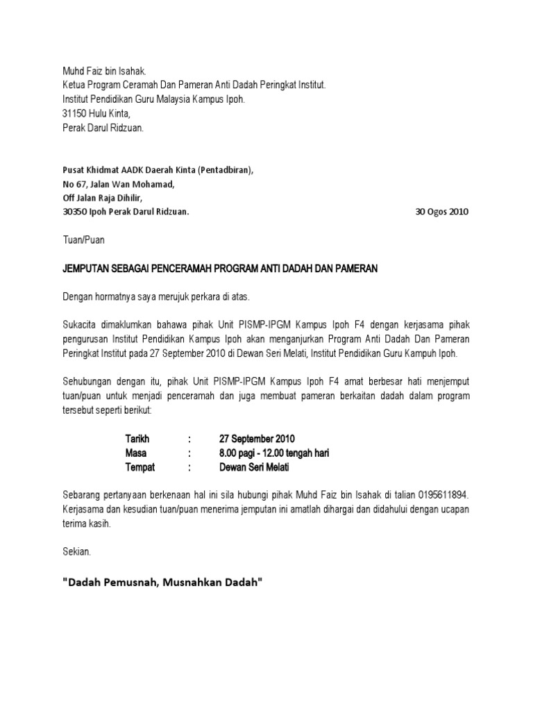 Contoh Surat Kelulusan Ceramah Jpn