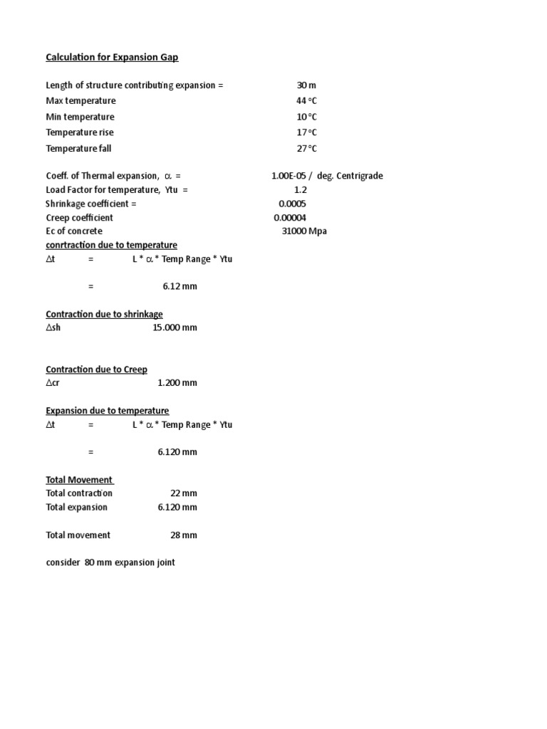 Calculation For Expansion Gap: Conrtraction Due To Temperature | PDF ...