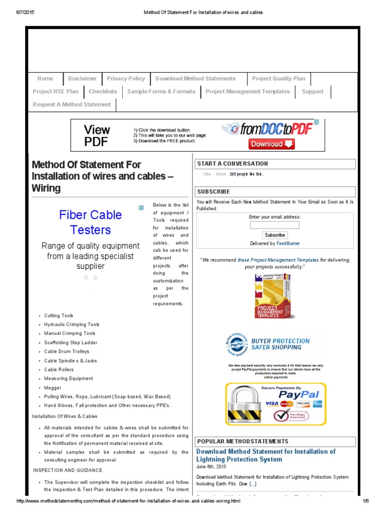 Method of Statement For Installation of Wires and Cables | PDF ...