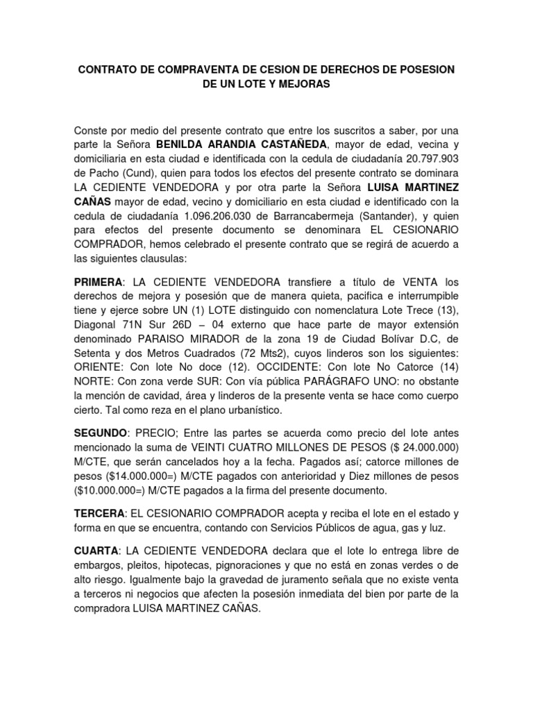 Contrato de Compraventa de Cesion de Derechos de Posesion de Un Lote y Mejoras PDF Ley común