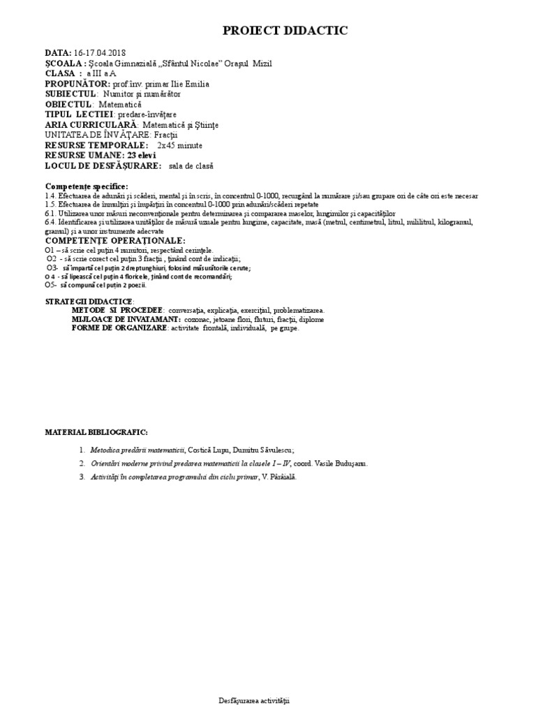 Proiect Didactic Matematică Si Stiinţe Unitatea De Invăţare Fracţii